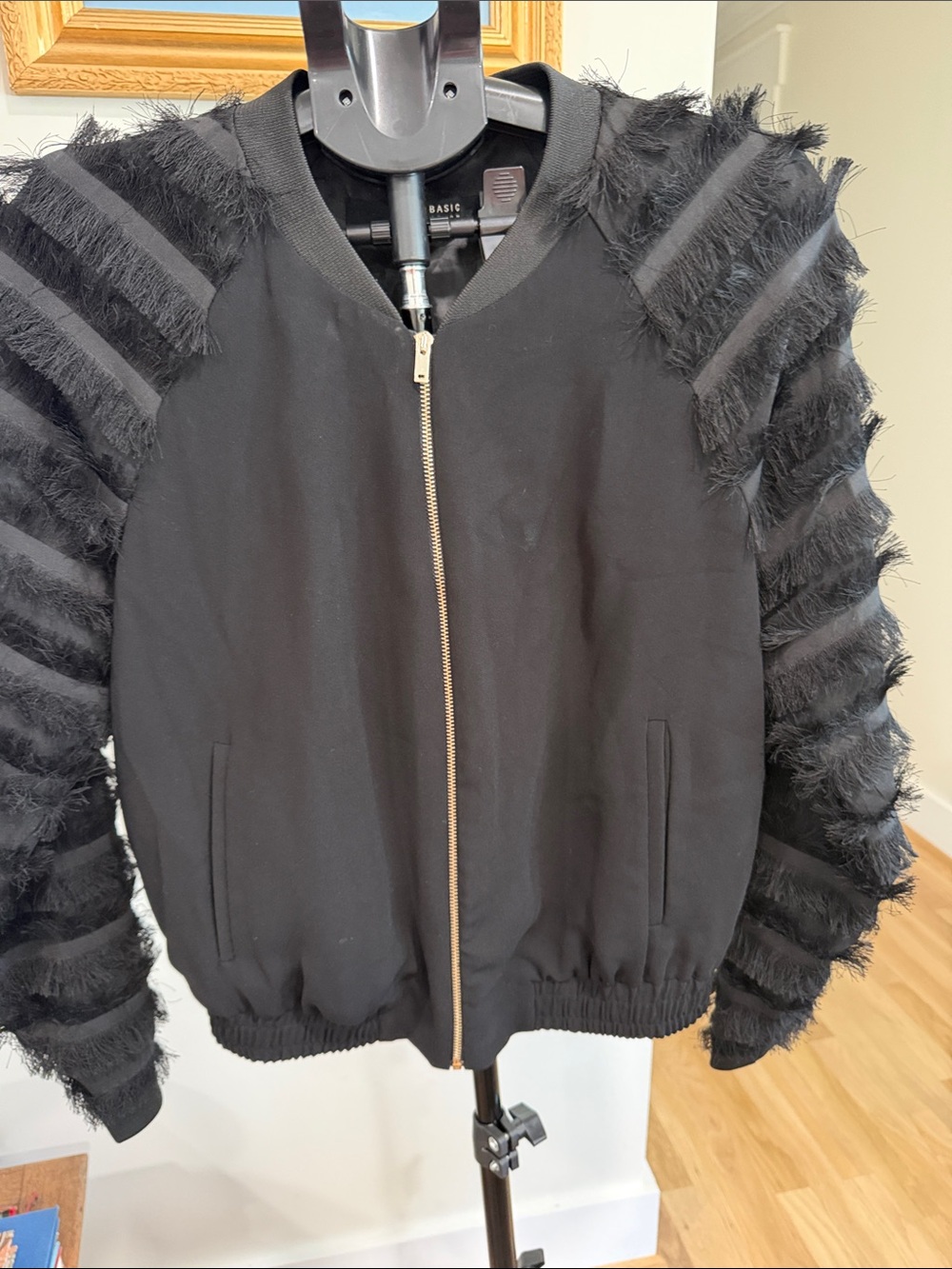 Zara Black Bomber Jacket with Fringe-Textured Sleeves